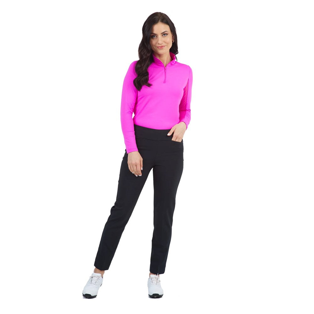 IBKUL Women's Solid Long Sleeve Zip Mock Neck - Hot Pink