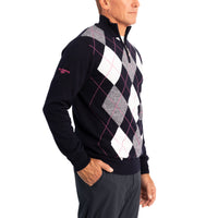 Glenmuir Lauder Quarter Zip Diamond Argyle Cotton Golf Pullover - Navy/ White