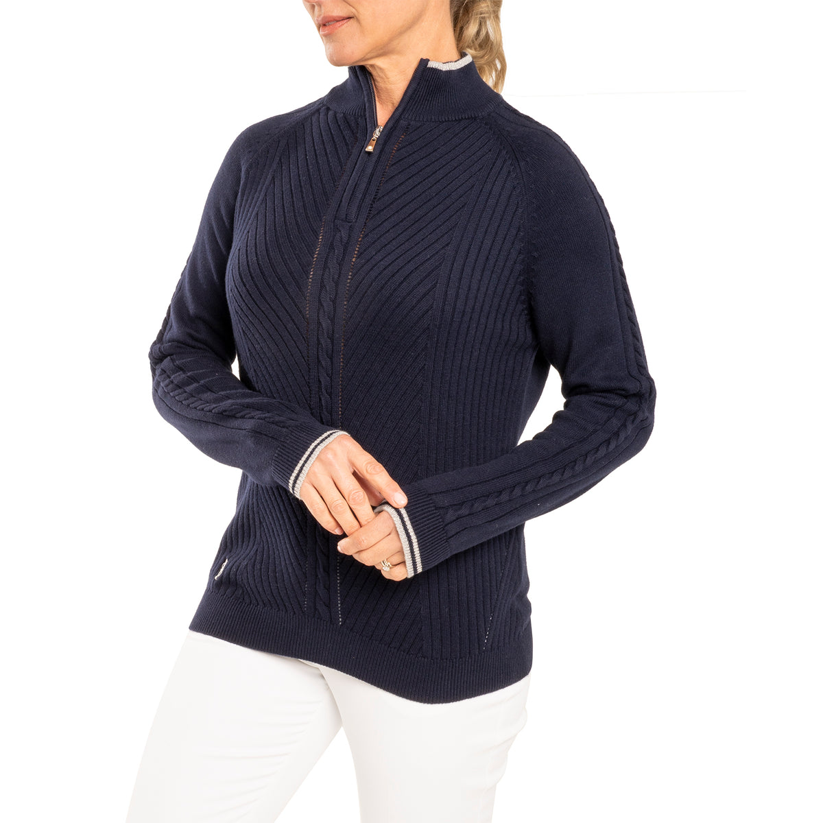 Glenmuir Women's Becca Cotton Cashmere 1/4 Knit - Navy/Silver