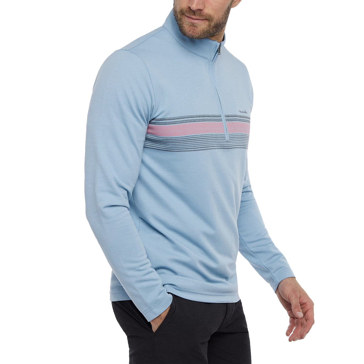 Travis Mathew Upgraded Striped Golf Quarter Zip - Ash Blue Chest Stripe